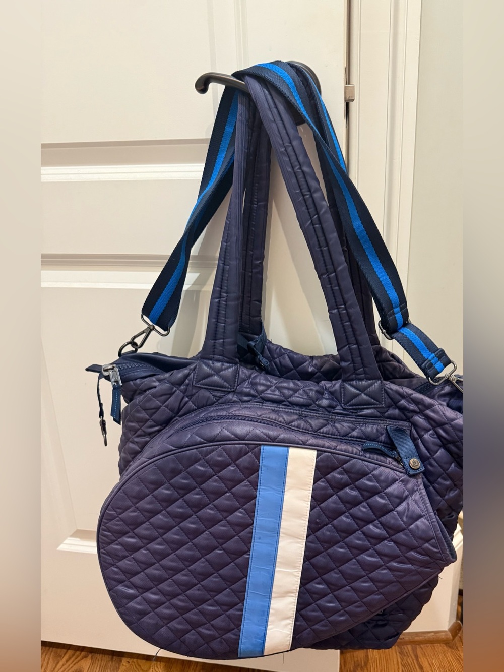 Oliver Thomas Navy Quilted Duffel with Blue & White Stripe